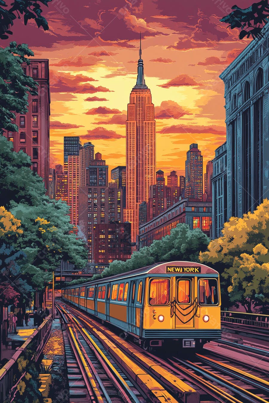 Trem metrô Nova York ao pôr do sol com Empire State Building skyline