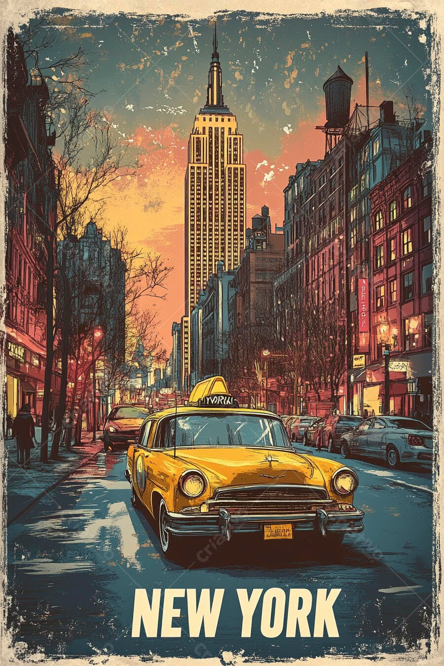 Táxi amarelo vintage em Nova York com Empire State Building ao entardecer