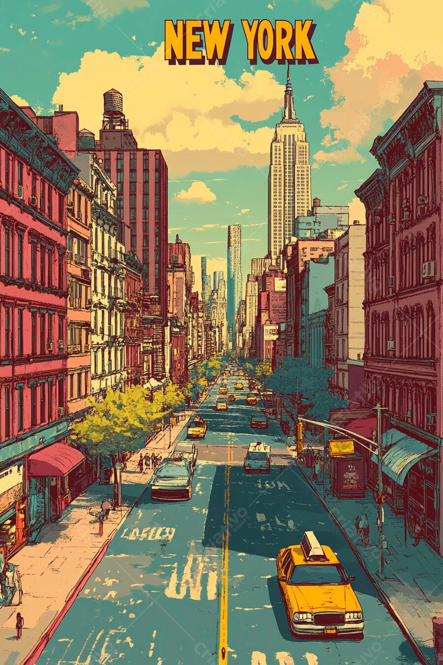 Rua movimentada de Nova York com táxis amarelos e Empire State Building
