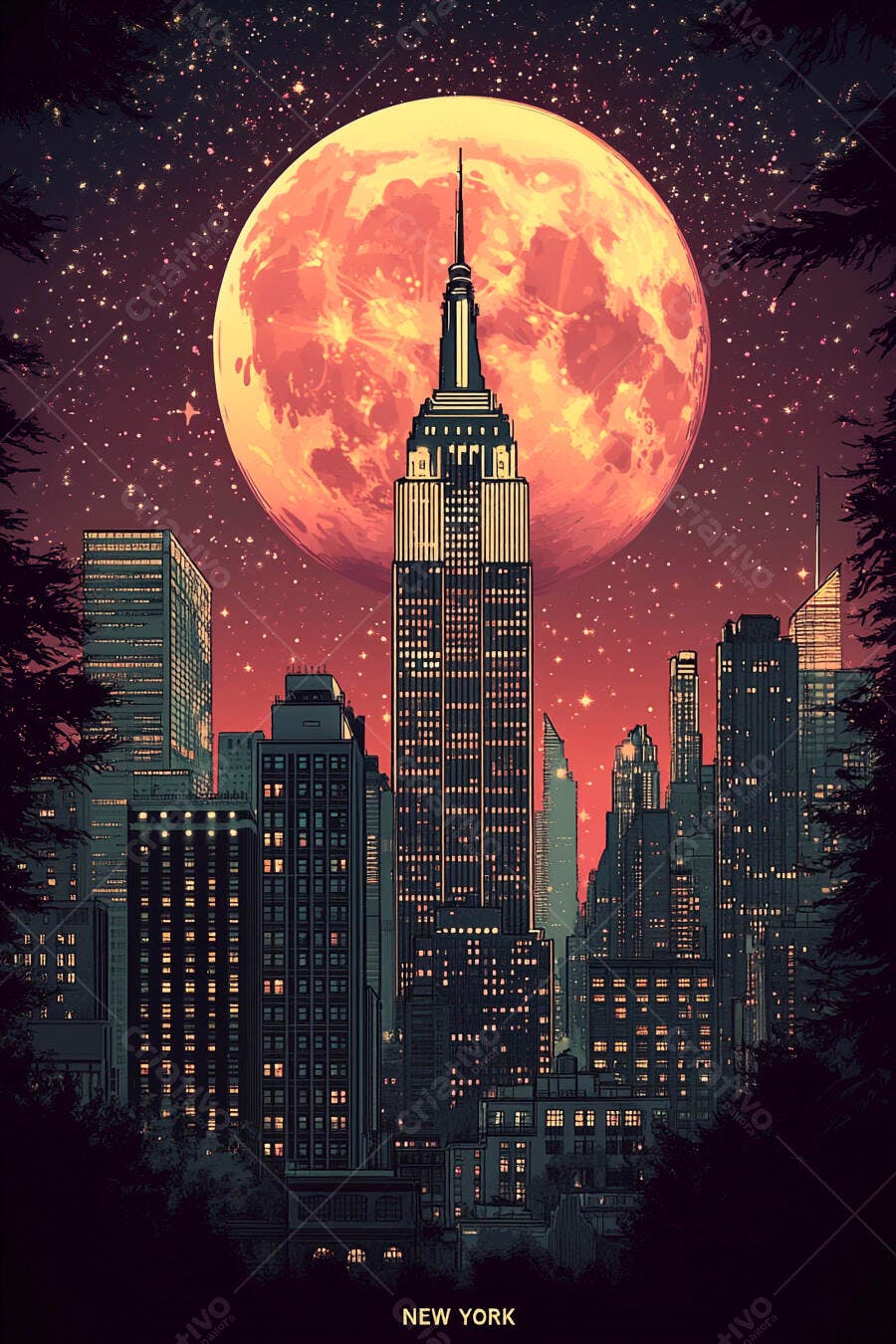 Empire State Building majestoso com lua cheia vermelha e céu estrelado em Nova York
