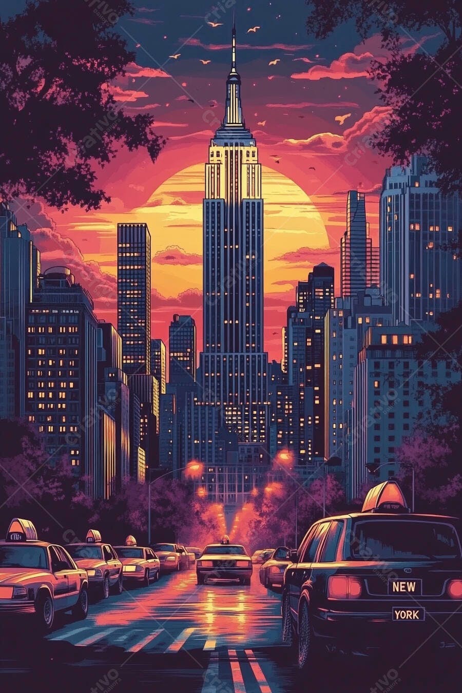 Skyline de Nova York com Empire State Building ao pôr do sol e táxis na rua vibrante
