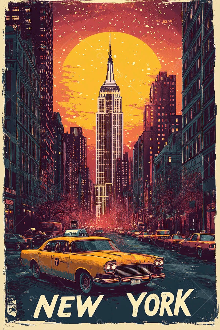 Táxi amarelo vintage na rua de Nova York com Empire State Building ao pôr do sol alaranjado