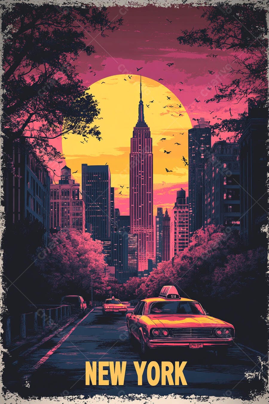 Paisagem urbana de Nova York com táxis amarelos e Empire State Building ao pôr do sol vibrante