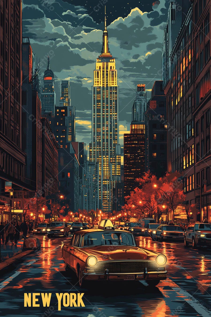 Edifício Empire State em noite chuvosa de Nova York com carro clássico vermelho