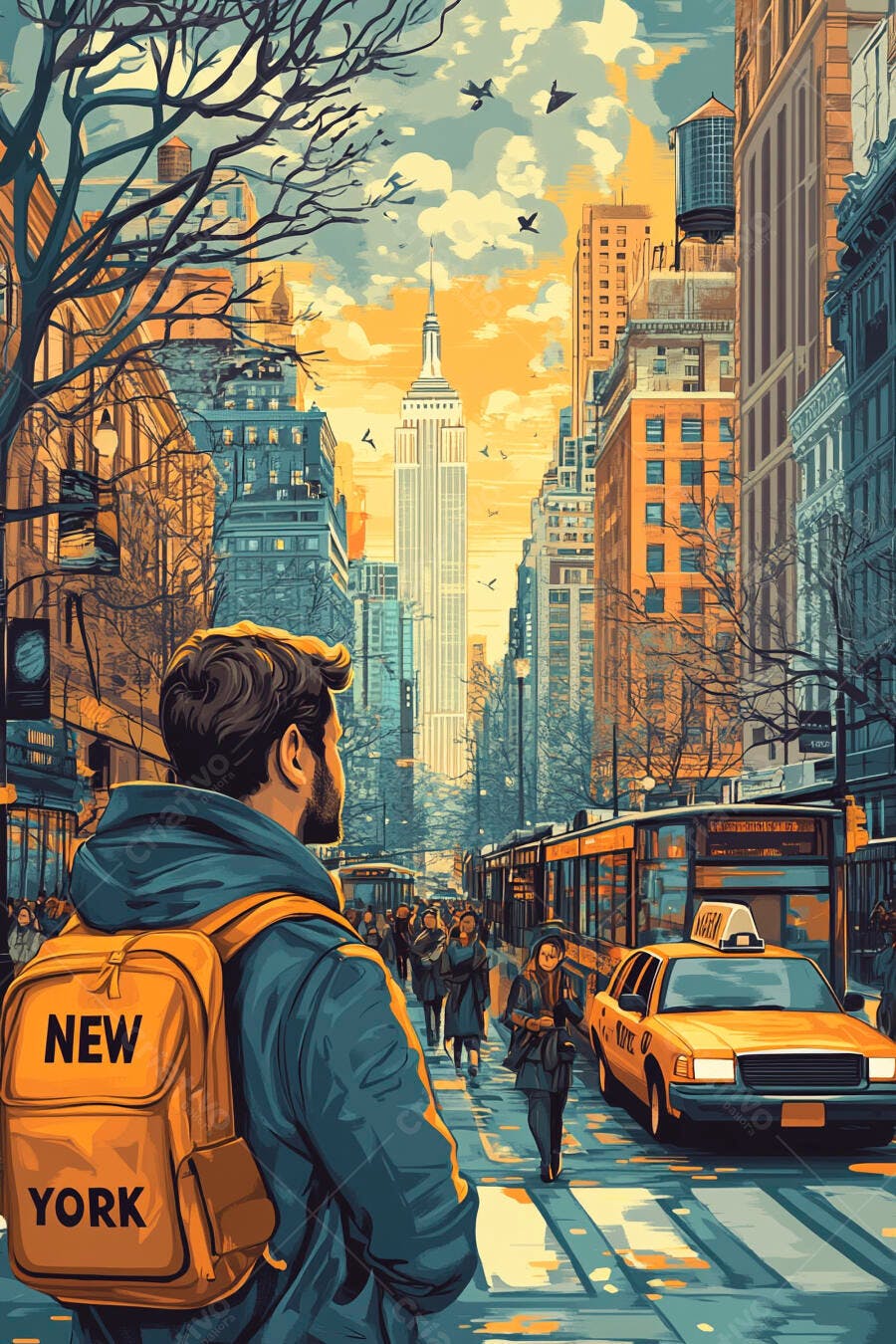 Homem turista com mochila amarela em rua movimentada de Nova York e Empire State Building