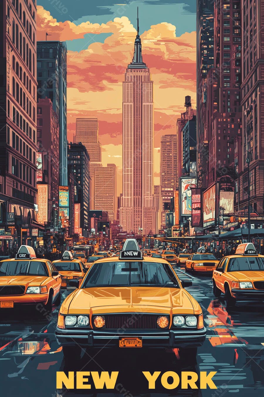 Ruas de Nova York com táxis amarelos e Empire State Building ao pôr do sol