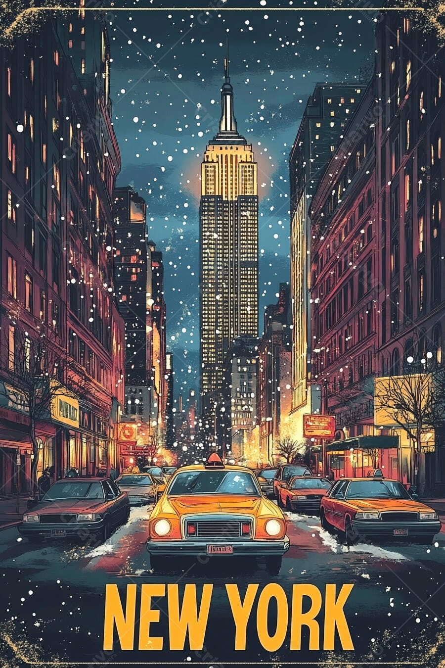Neve em Nova York com Empire State Building e táxis amarelos à noite