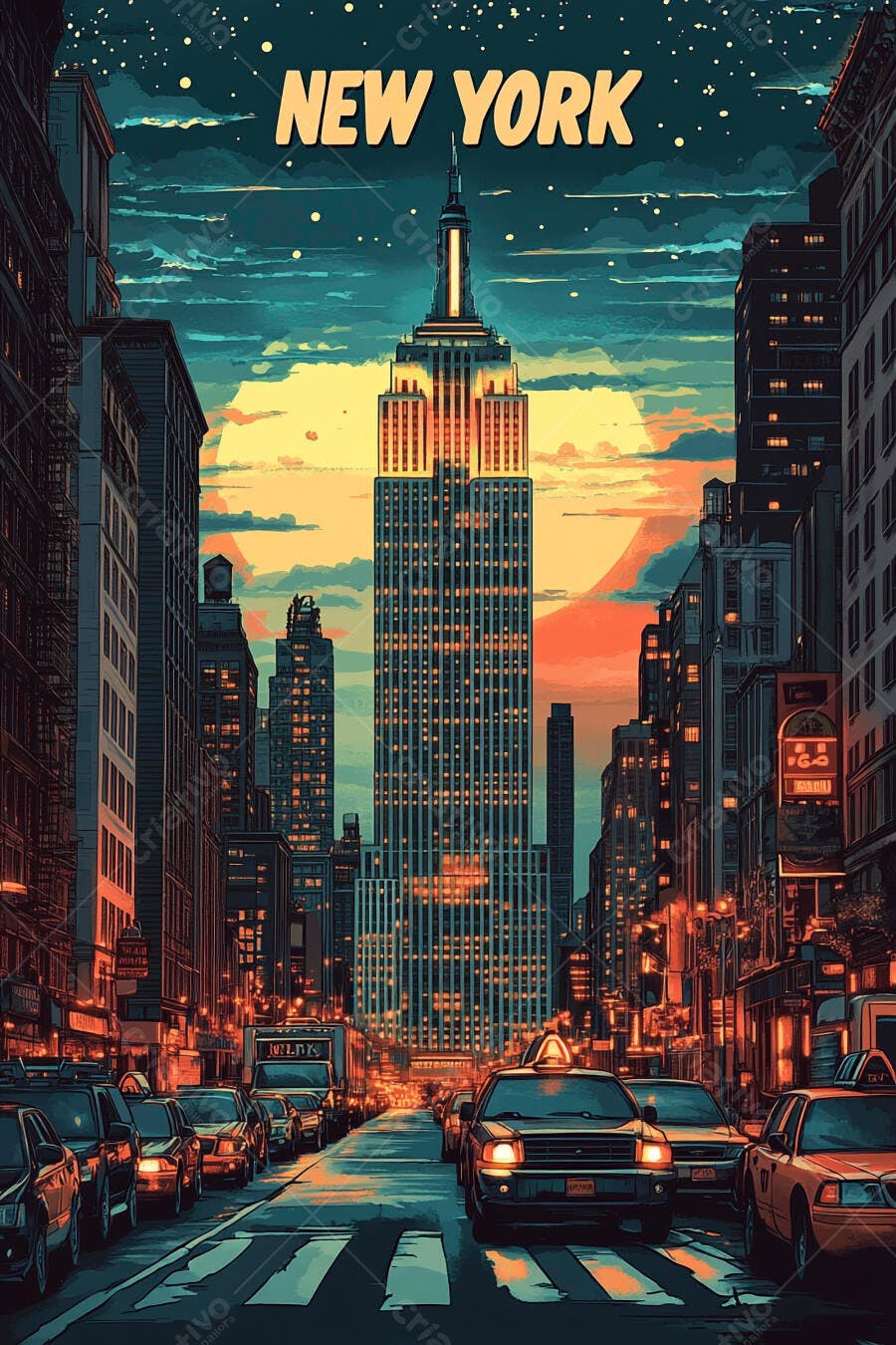 Nova York Empire State Building rua movimentada entardecer ilustração urbana