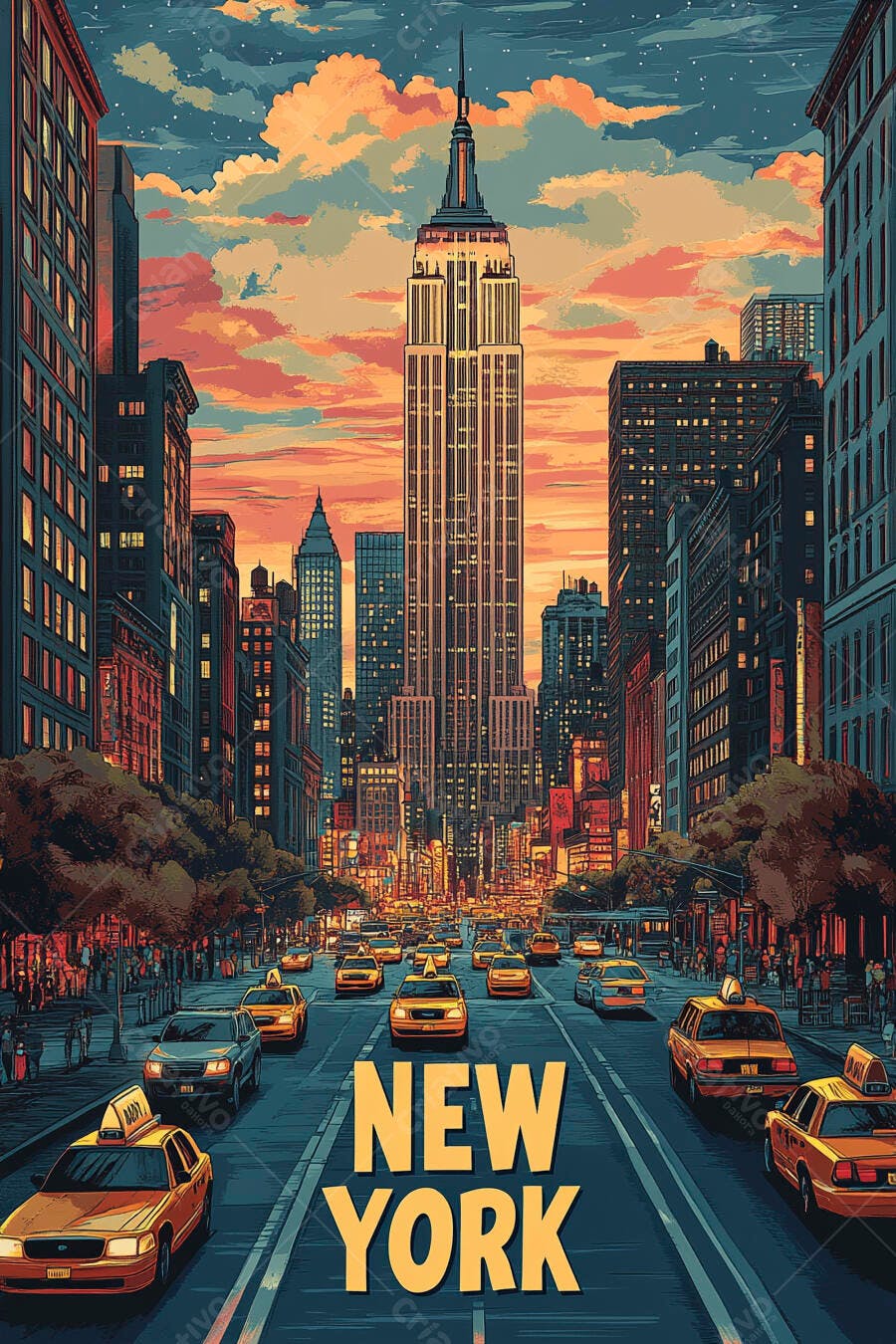 Ilustração de Nova York com táxis amarelos e Empire State Building ao pôr do sol
