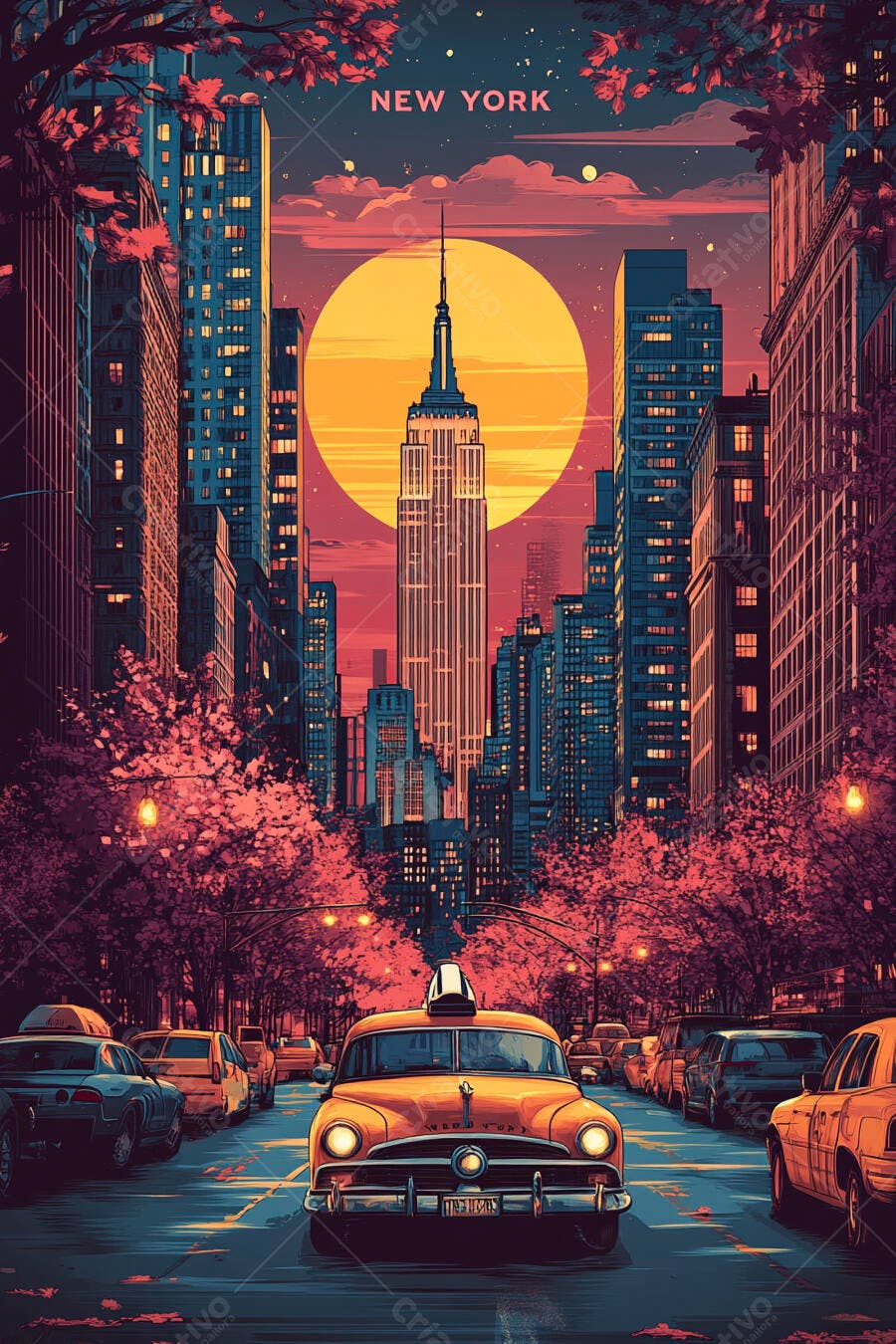 Táxi amarelo vintage em Nova York com Empire State Building ao pôr do sol e árvores rosas