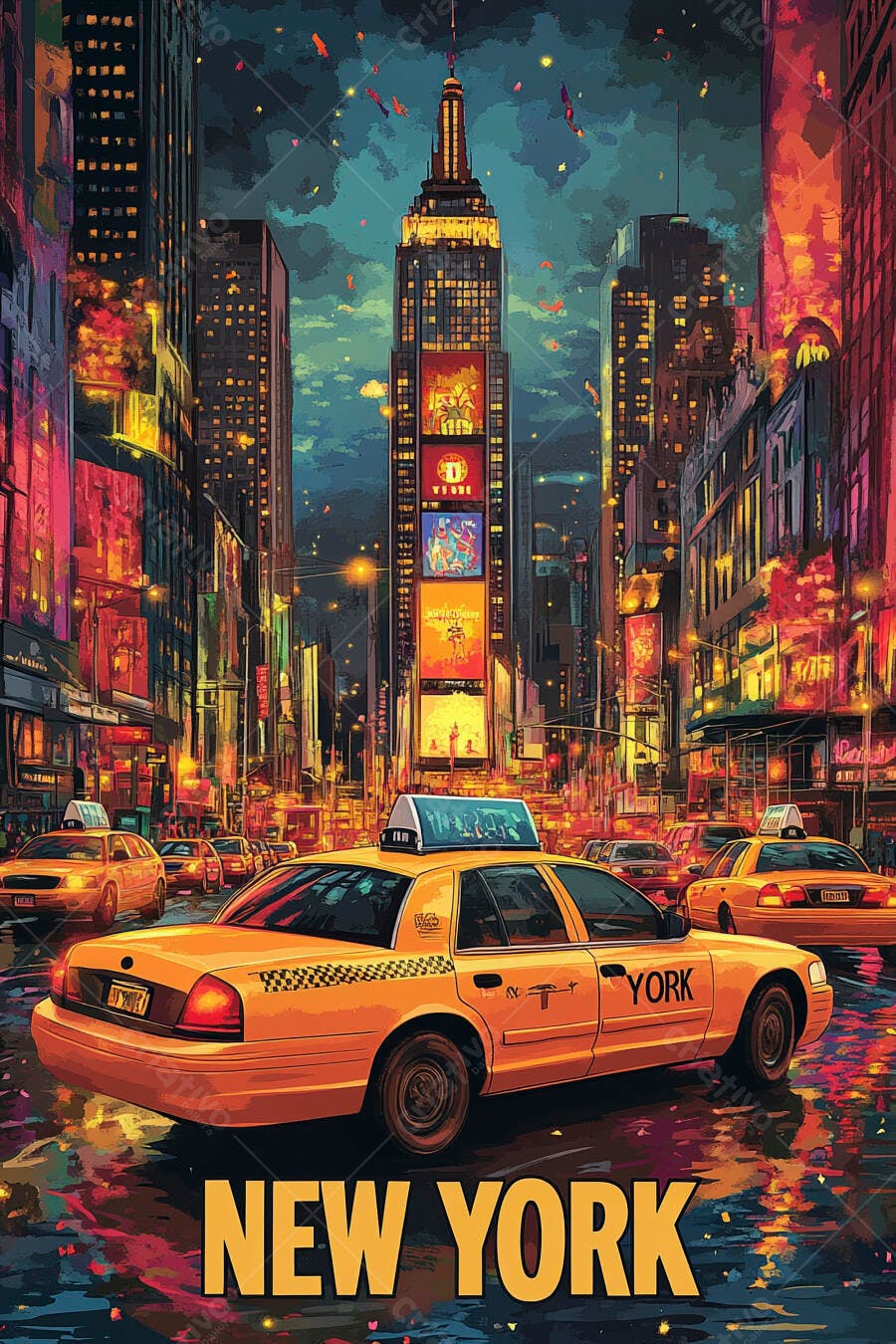Nova York táxis amarelos em rua noturna com edifícios iluminados e painéis gigantes vibrantes
