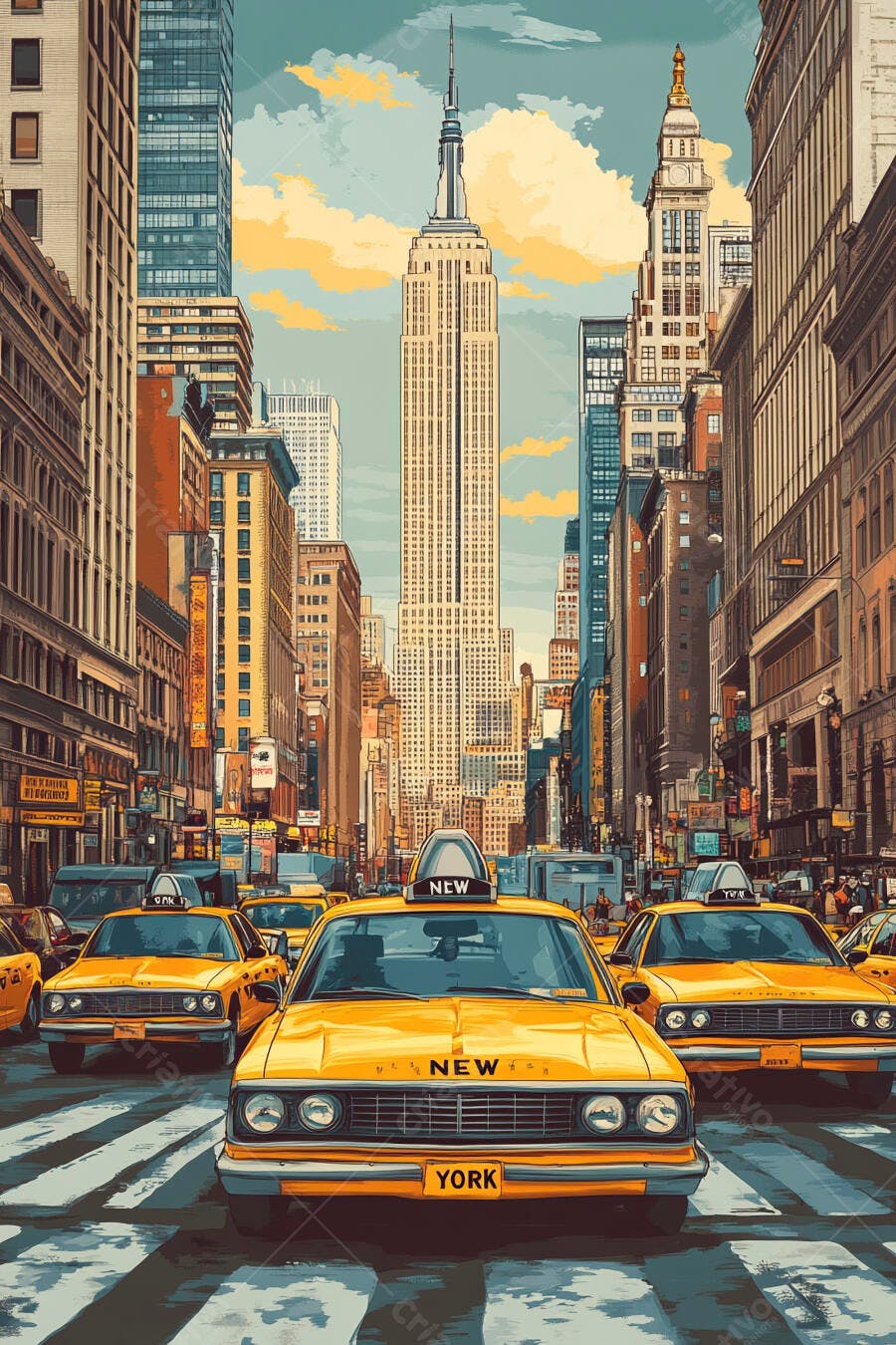 Táxis amarelos em rua movimentada de Nova York com Empire State Building