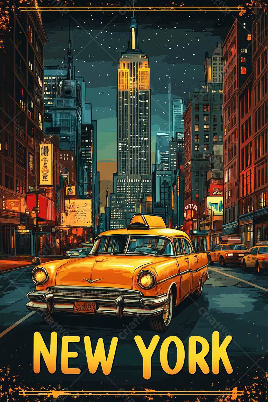Táxi amarelo clássico na rua de Nova York com Empire State Building à noite