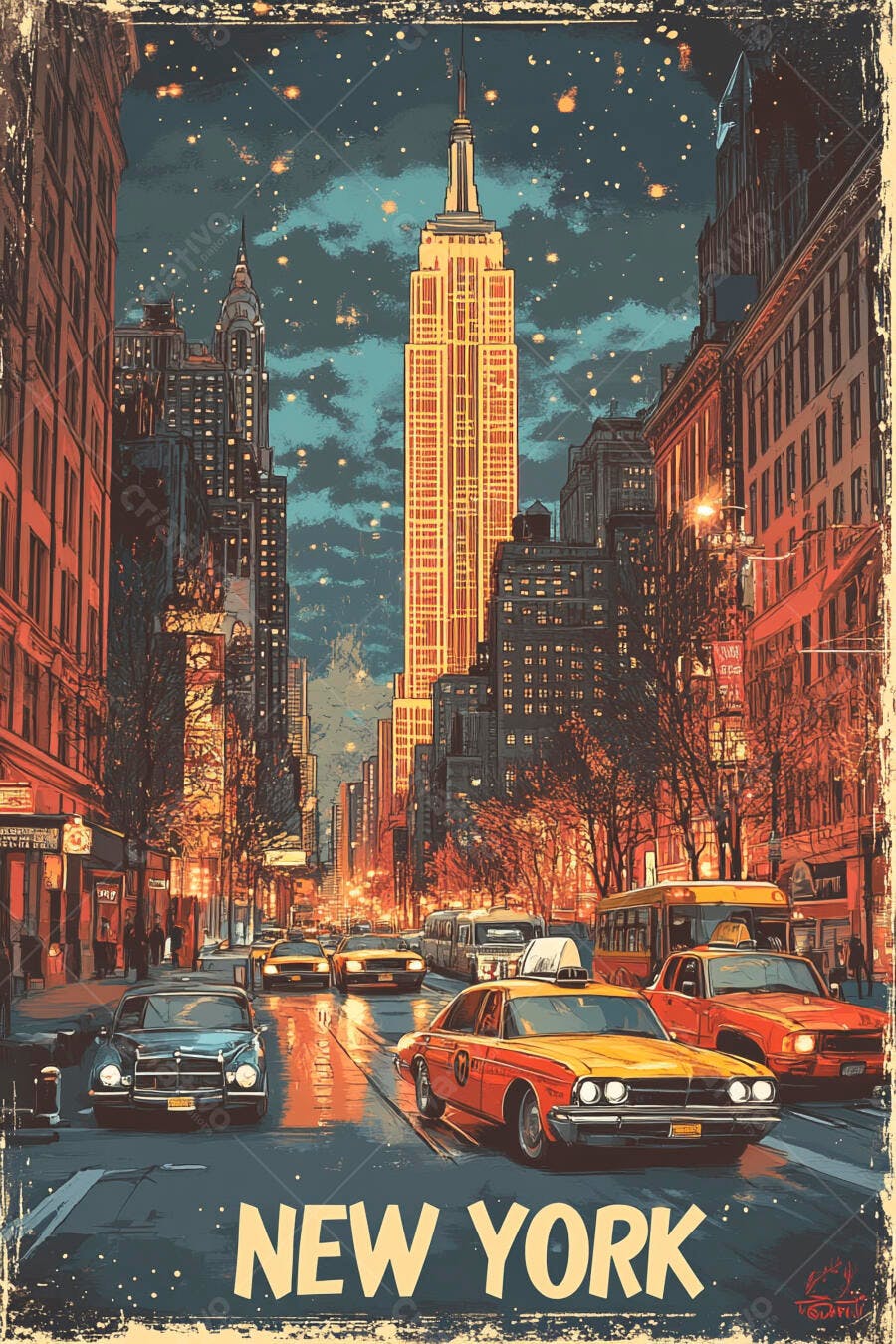 Nova York noturna Empire State Building e carros clássicos ilustração vintage