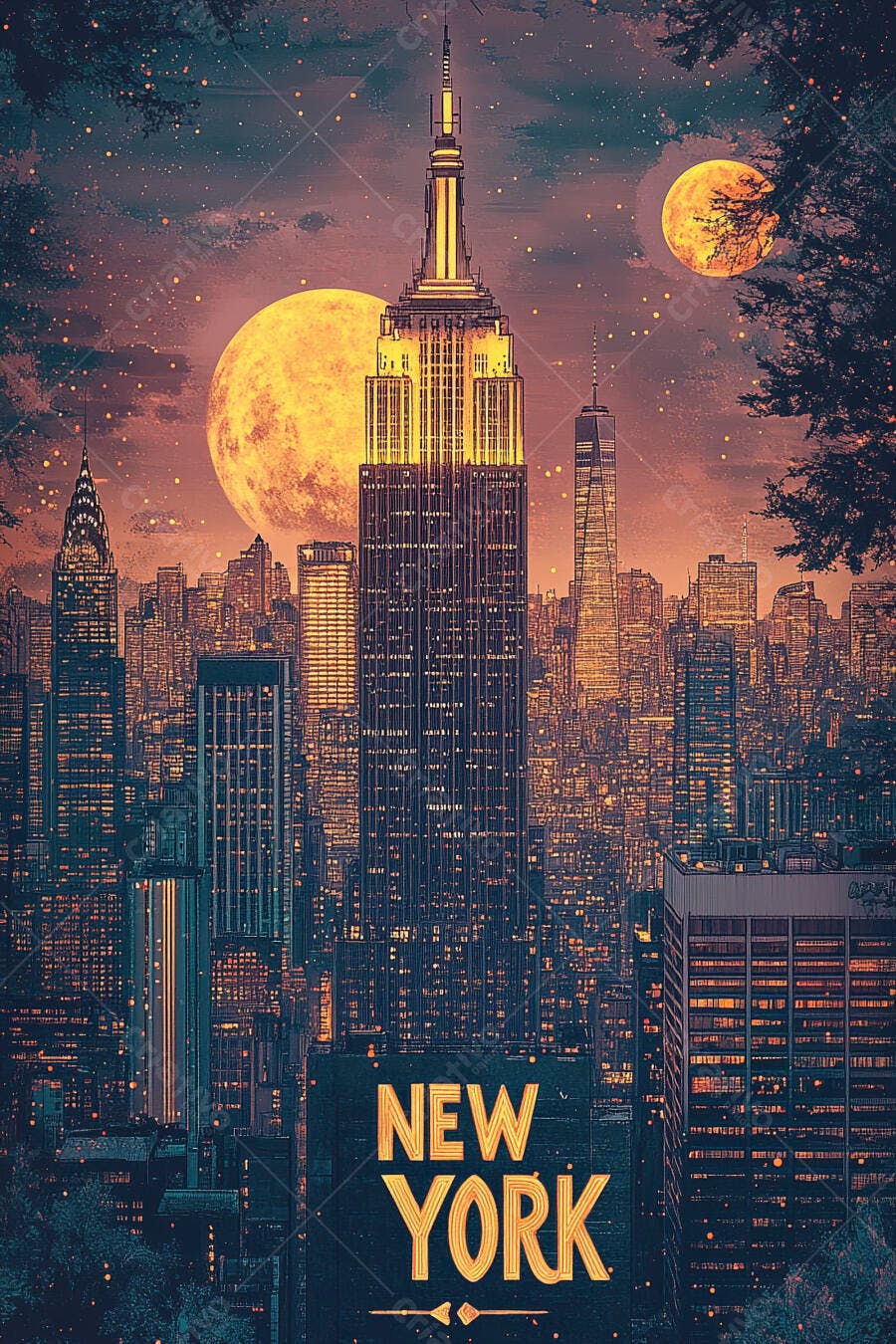 Arranha-céus de Nova York Empire State Building e luas laranjas no céu noturno