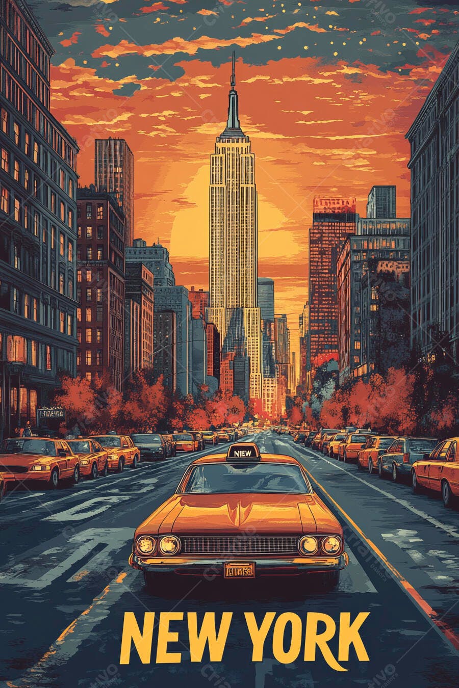 Táxi amarelo clássico em rua de Nova York ao entardecer com Empire State Building
