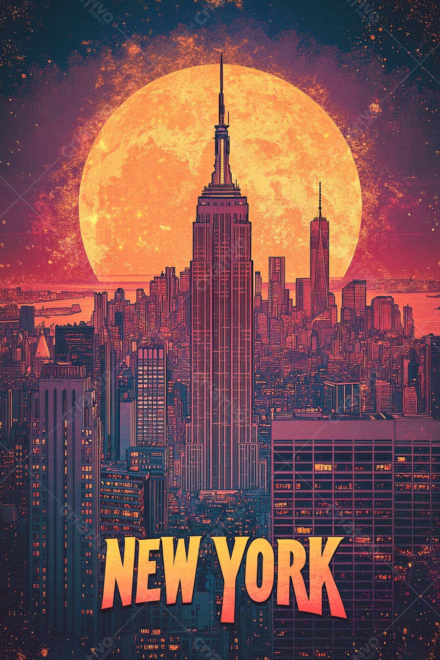 Nova Iorque skyline Empire State Building e lua cheia gigante ao entardecer ilustração