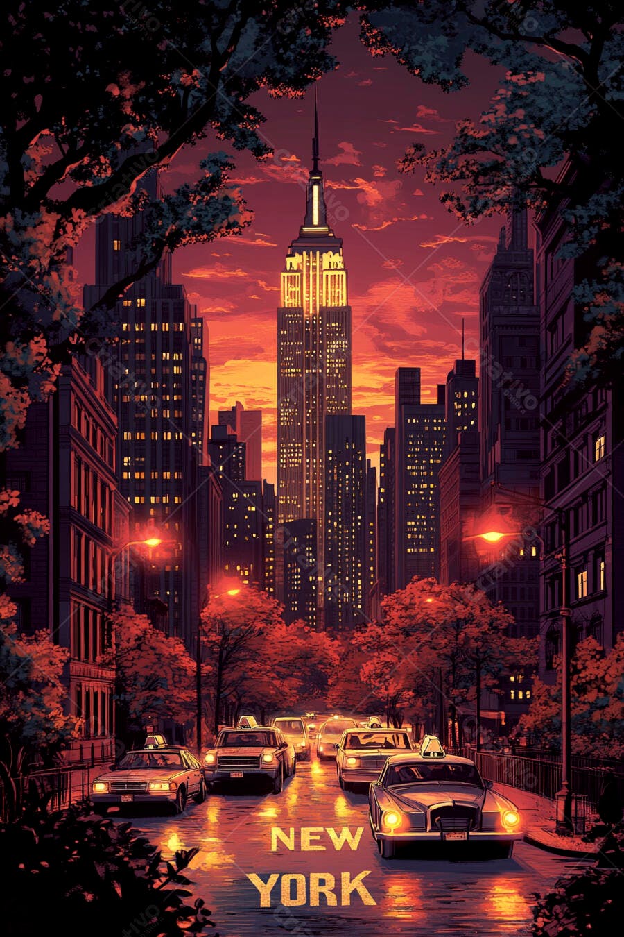 Paisagem urbana de Nova York ao pôr do sol com Empire State Building e carros na rua