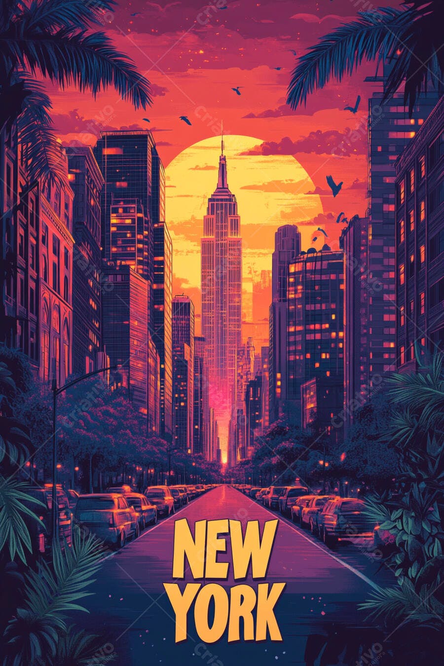 Nova York pôr do sol urbano vibrante Empire State Building carros