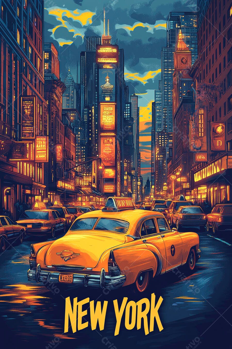 Taxi amarelo vintage em rua movimentada de Nova York à noite
