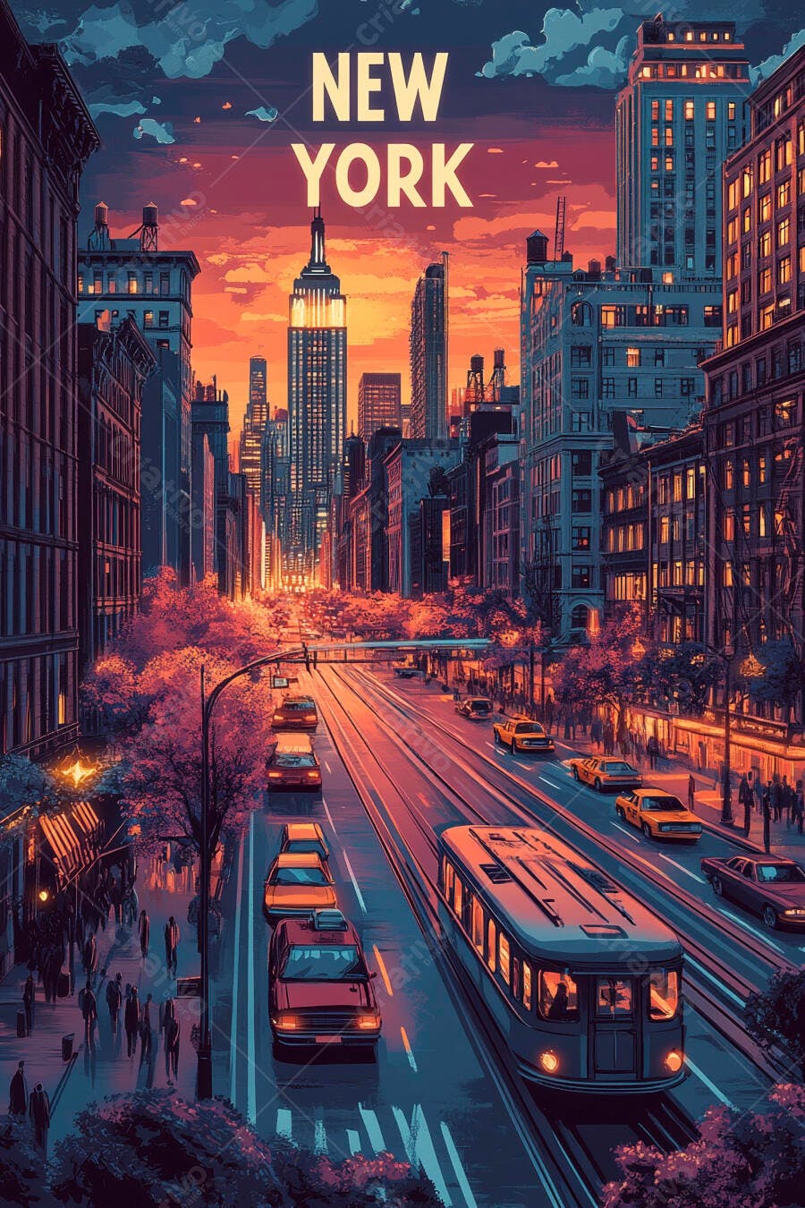 Paisagem urbana de Nova York ao entardecer com Empire State Building e bonde