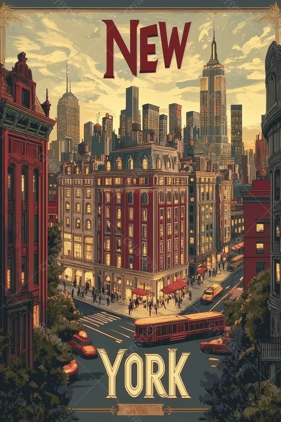 Poster vintage Nova York rua movimentada Empire State Building tons quentes