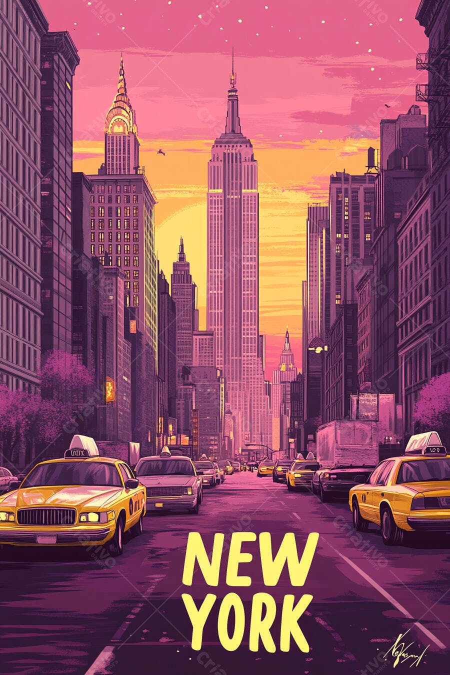 Rua de Nova York com táxis amarelos e arranha-céus ao pôr do sol vibrante