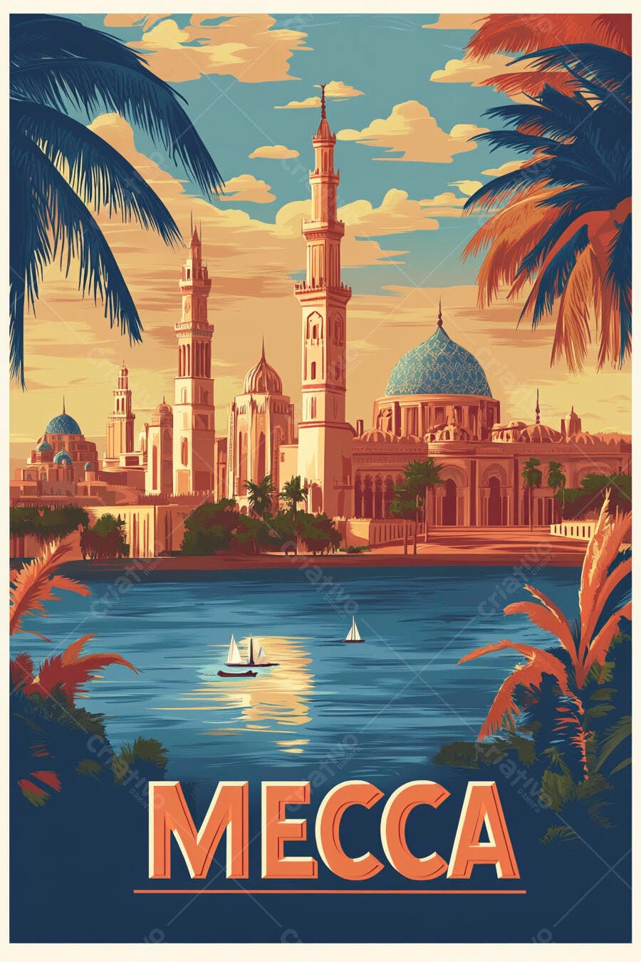 Meca pôster vintage com mesquitas e palmeiras refletindo na água ao entardecer
