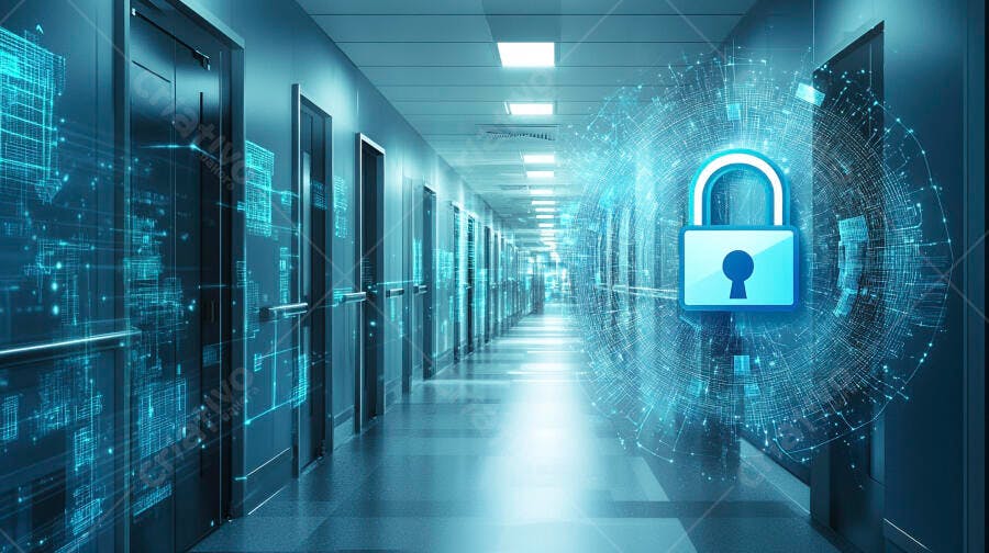 Cadeado digital em corredor futurista segurança de dados rede cibernética