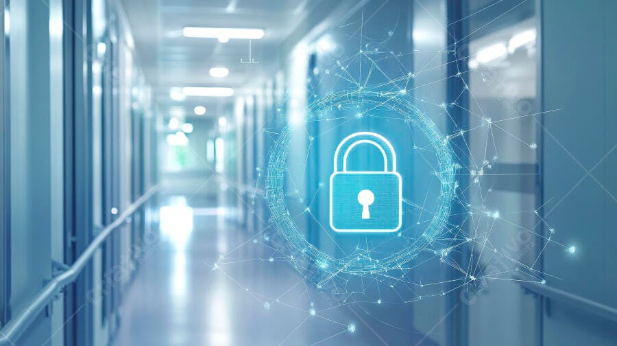 Cadeado digital azul com rede sobre corredor hospitalar moderno