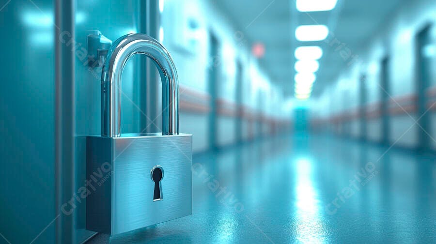 Cadeado metálico em corredor de data center azul futurista