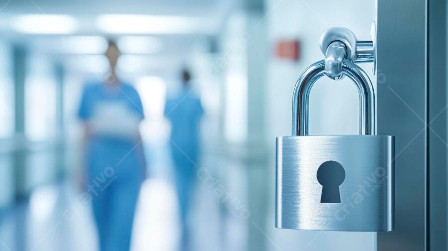 Cadeado prateado em porta de hospital com enfermeiros ao fundo