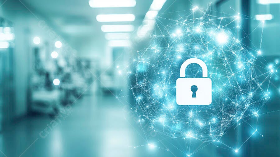 Cadeado digital em rede de dados azul protegendo informações corporativas