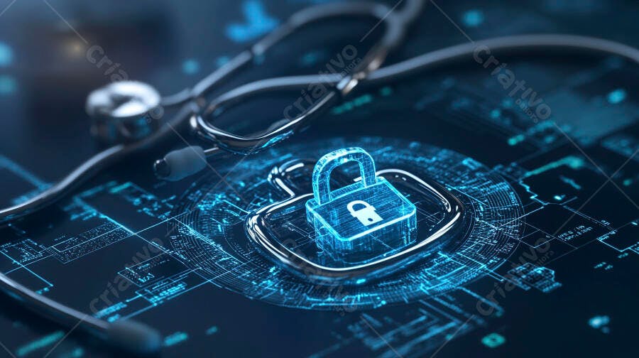 Cadeado digital azul segurança de dados médicos com estetoscópio e fundo tecnológico