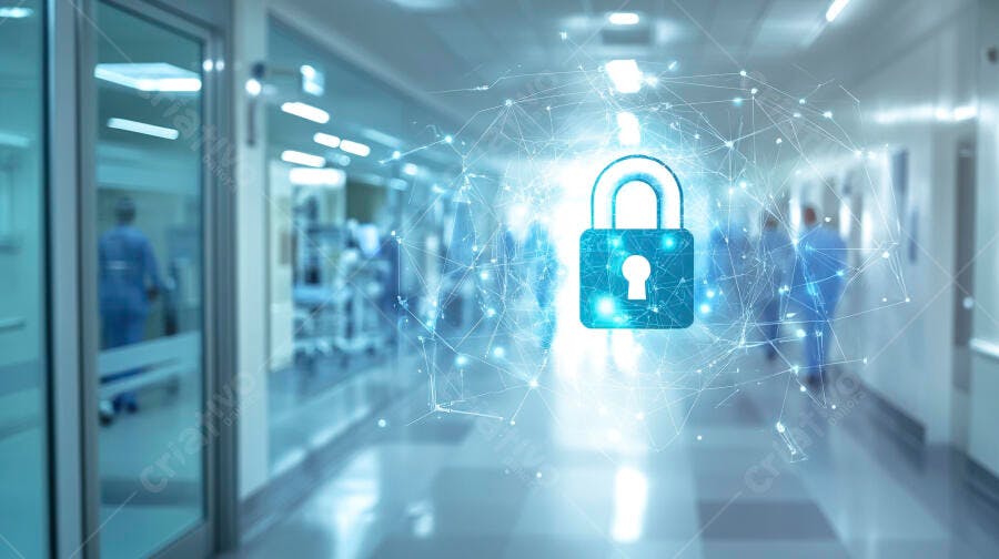 Cadeado digital com rede de dados em corredor de hospital e médicos