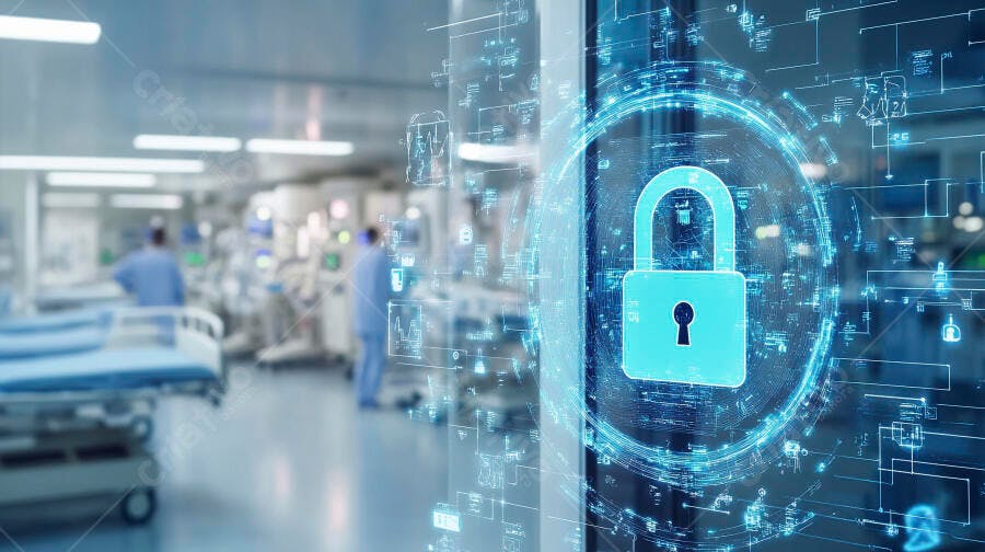 Cadeado digital azul protegendo dados médicos em ambiente hospitalar
