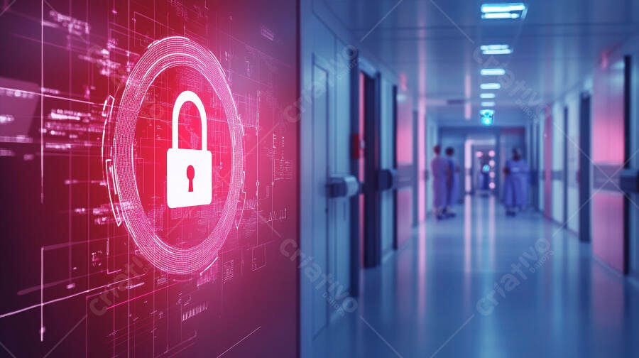 Proteção de dados digitais com cadeado vermelho em corredor de hospital