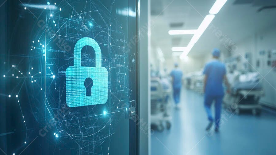 Cadeado digital protegendo dados hospitalares em ambiente médico