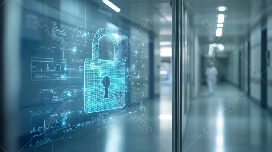 Cadeado digital azul em corredor de hospital com médico proteção de dados