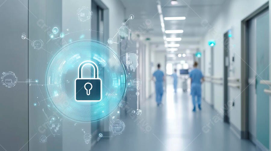 Cadeado digital azul em corredor de hospital com profissionais de saúde