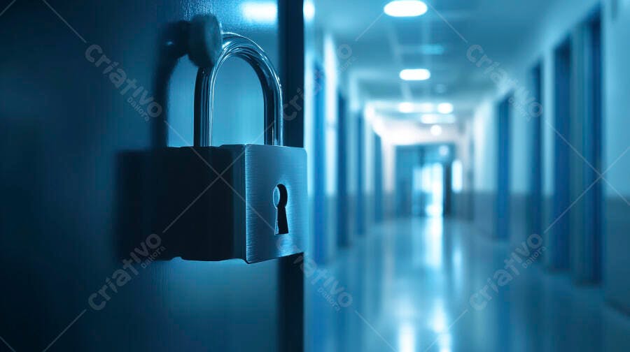 Cadeado metálico em porta de corredor corporativo azul