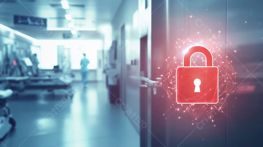 Cadeado digital vermelho em corredor de hospital com profissional de saúde