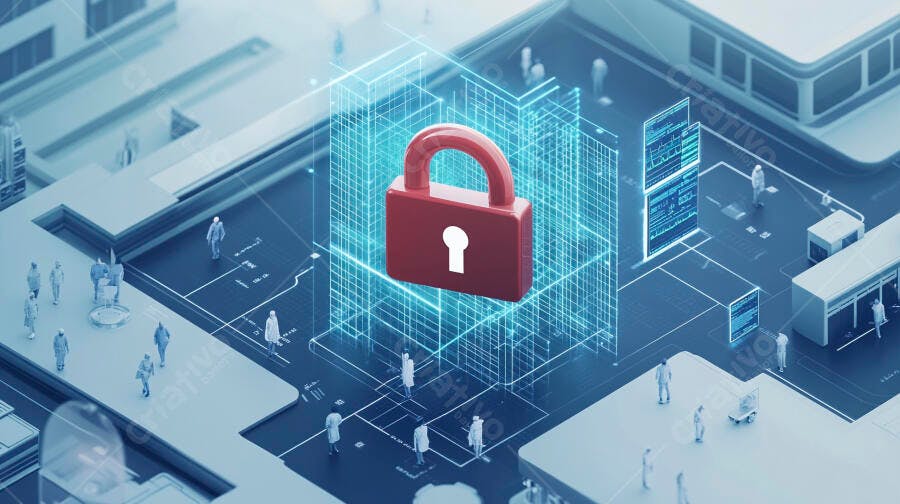 Cadeado vermelho em cidade digital futurista de segurança cibernética