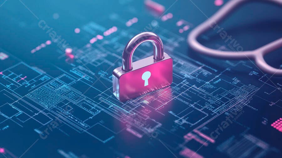 Cadeado digital rosa em circuito tecnológico azul proteção de dados