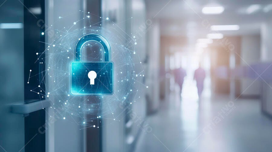 Cadeado digital azul neon segurança de dados em corredor hospitalar
