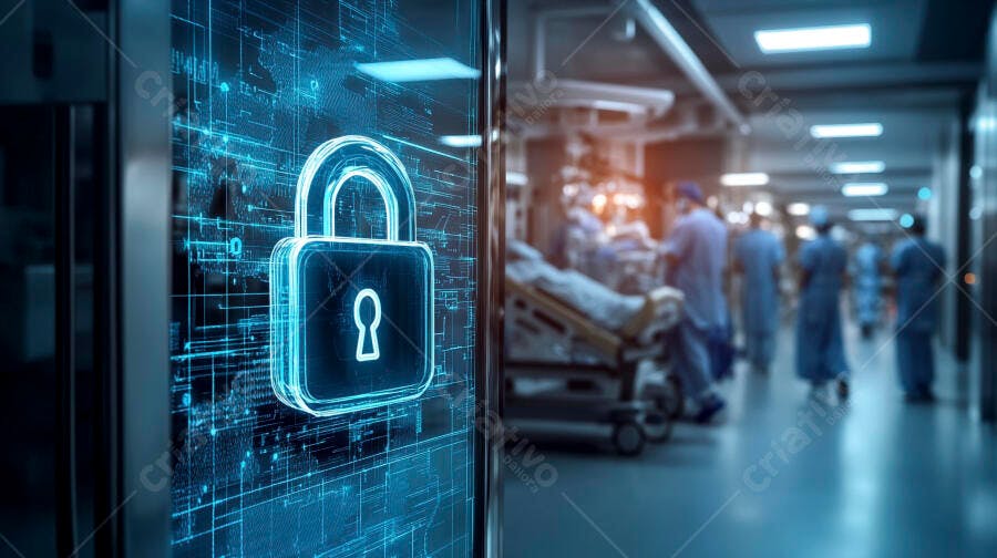 Cadeado digital azul em hospital segurança cibernética médica