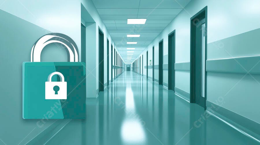 Cadeado digital azul-turquesa sobre corredor futurista de hospital vazio