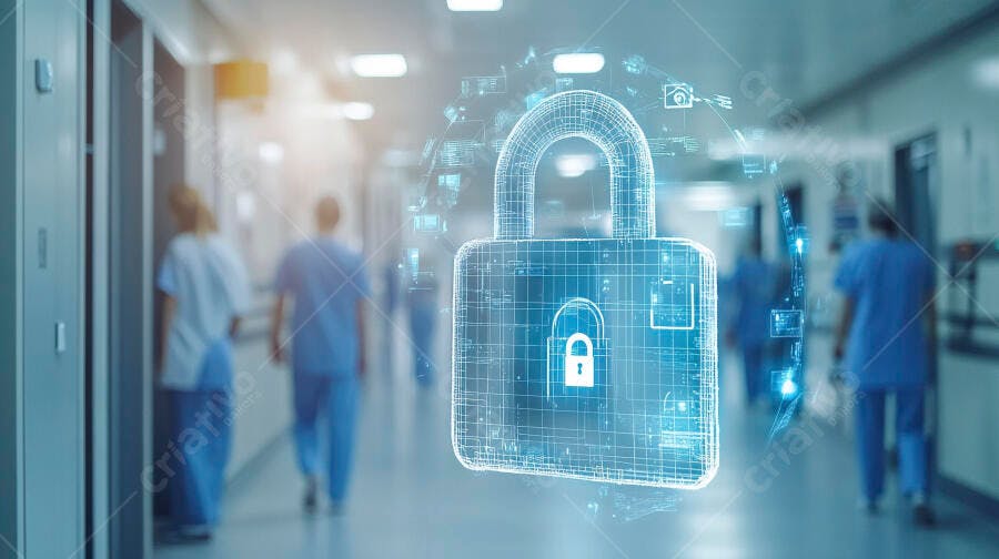 Cadeado digital azul cibersegurança na saúde com equipe médica