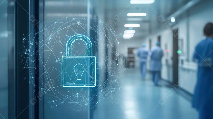 Bloqueio digital com rede de dados em corredor de hospital moderno