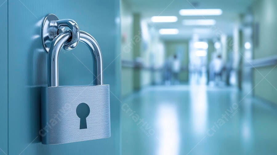 Cadeado prateado em porta azul com corredor de hospital desfocado no fundo